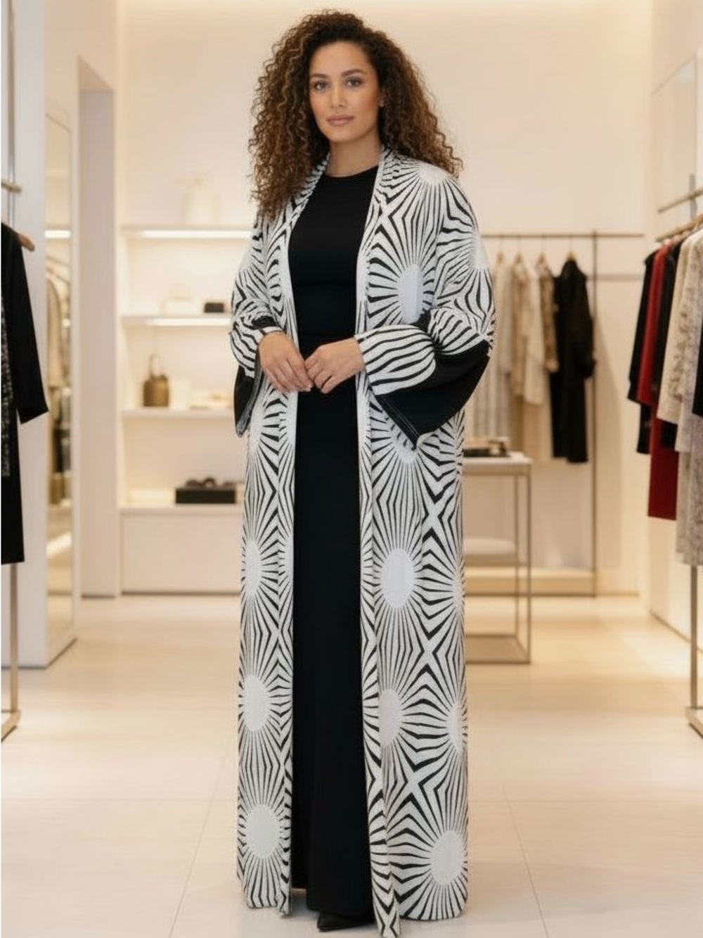 Elegant Black & White Patterned Long Cardigan
